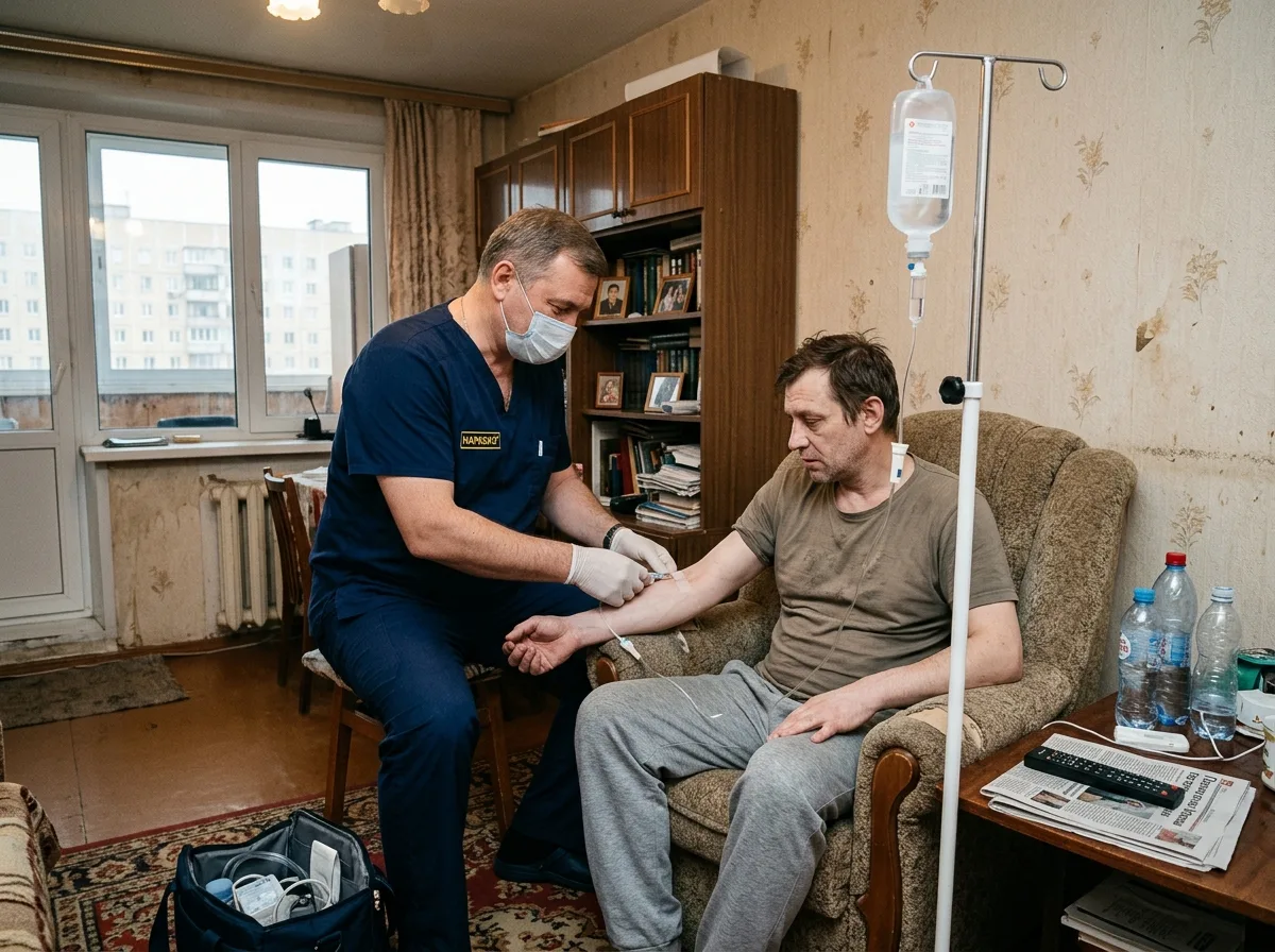 Врач-нарколог ставит капельницу пациенту на дому, домашняя обстановка, Балашиха, детоксикация от алкоголя