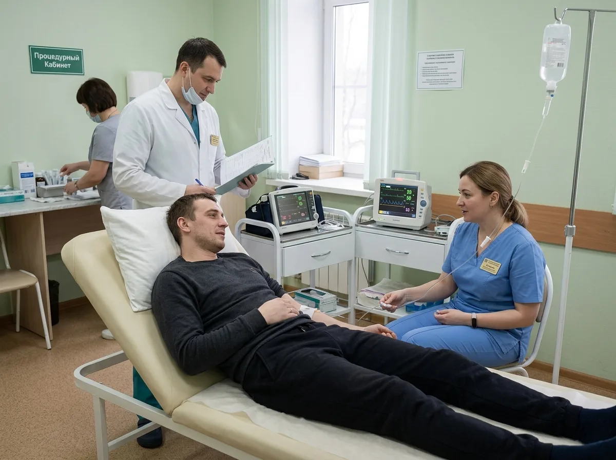 Медицинская бригада снимает ломку у пациента в стационаре наркологической клиники, капельница, профессиональный уход, Балашиха