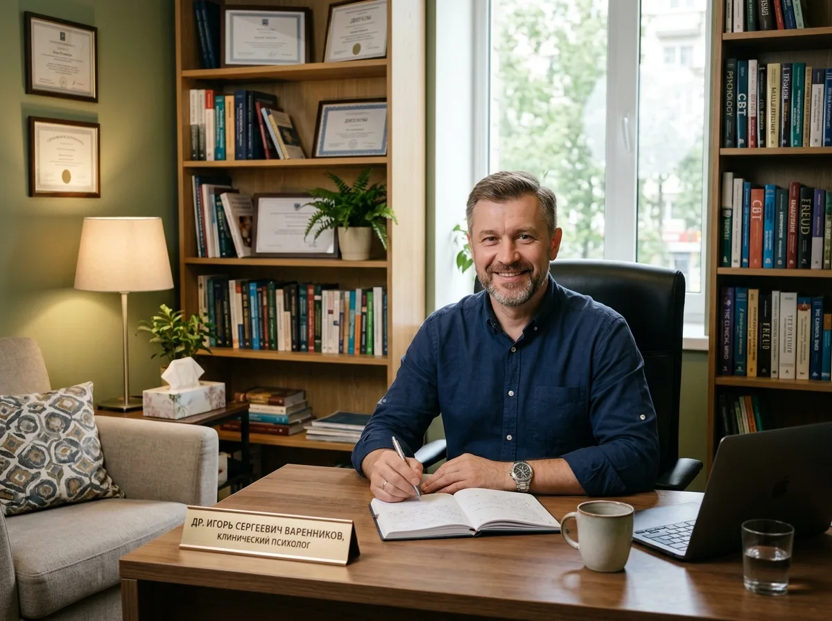 Клинический психолог Варенников Игорь Сергеевич, уверенный мужчина средних лет, рубашка, кабинет психолога